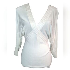 Elegant White BEBE Sweater with Ribbed Waist & Deep Neckline(Front/Back) Sz-Med
